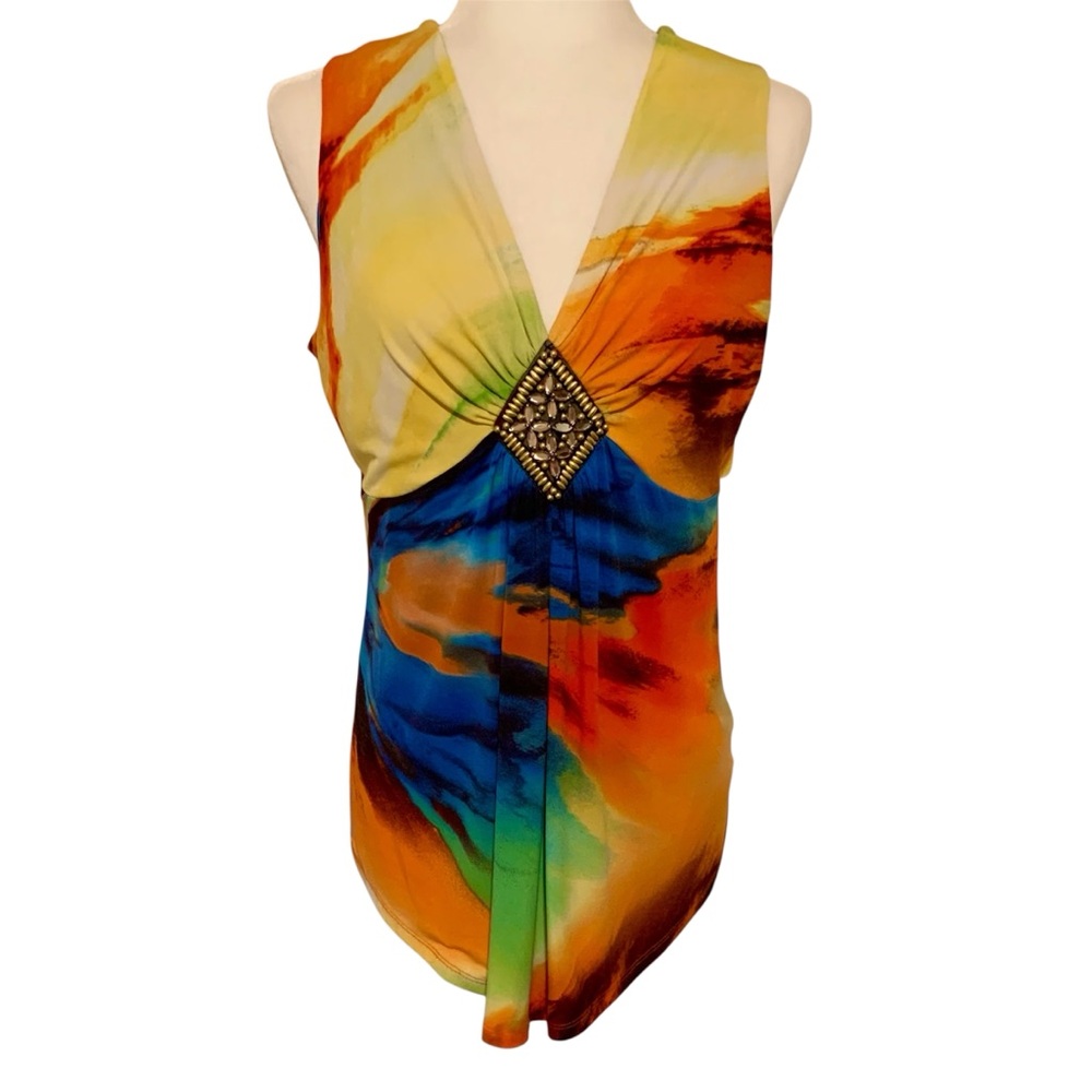 Dusak Designs Vibrant Colorful Center Bling Sleeveless Blouse Tank, Large